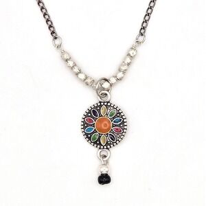 Silver Tone Enamel Sunburst Flower Medallion Pendant Necklace 925 Clasp & Bead